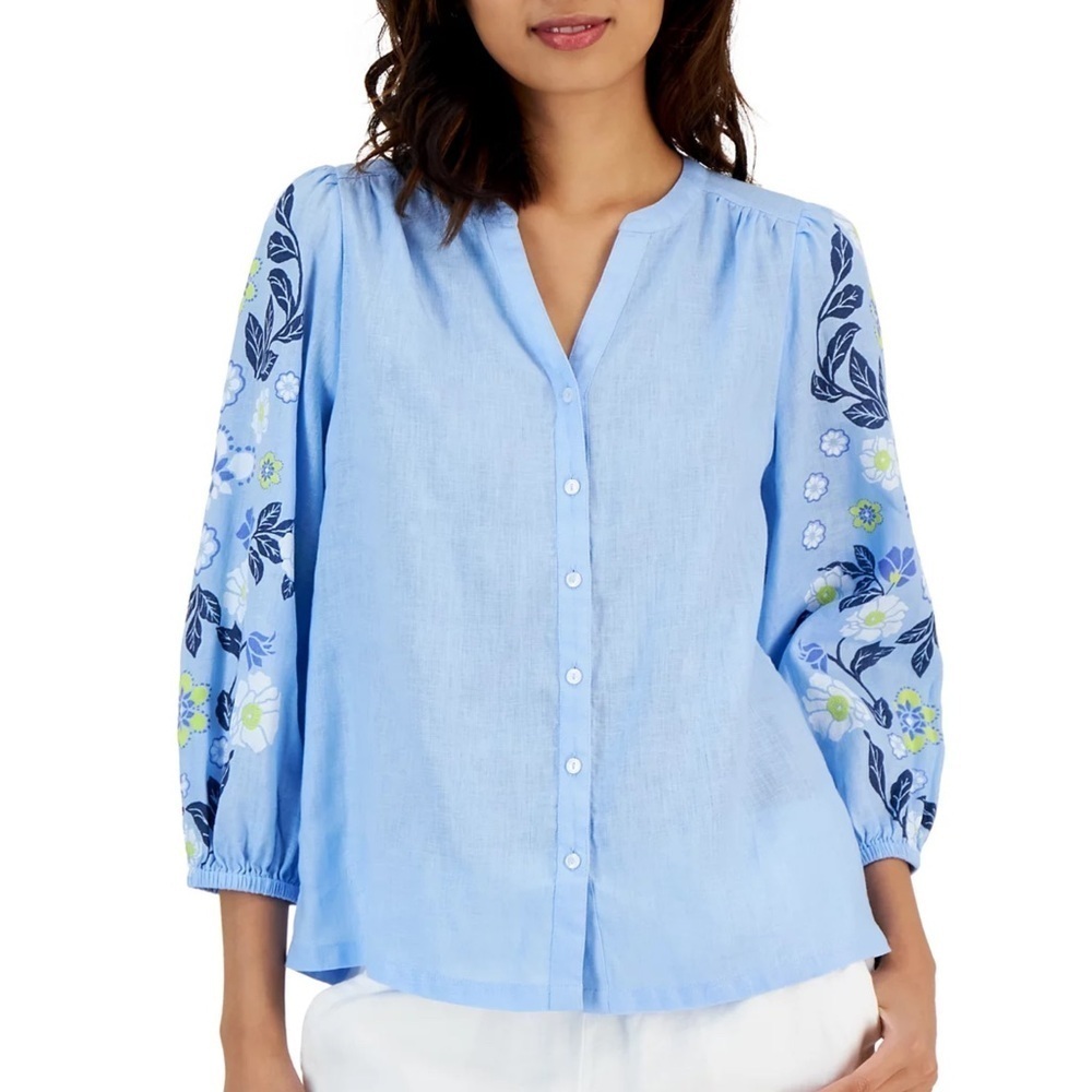 Charter Club Women's Linen Printed Button-Up Top Size XL 100% Linen light Blue